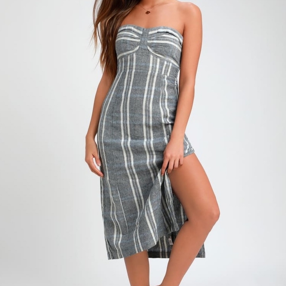 Free People Plaid Grayish Blue  Strapless Plaid Dress- NWOT